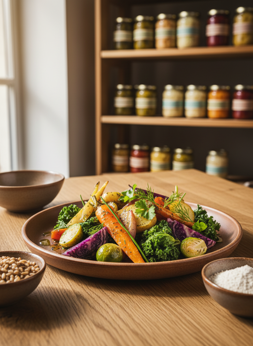 A meticulously arranged plate of seasonal vegetables from northern Germany, glistening with a light herb-infused oil, sits on a matte stoneware plate in muted earth tones. Around it, small bowls hold regional grains and freshly milled flour, all placed on an oiled oak table with visible grain patterns. In the softly lit background, shelves display neatly stacked jars of preserved local produce, labeled only with simple color bands, suggesting careful preservation. Warm, indirect lighting from a large unseen window creates gentle highlights on the vegetables and soft shadows beneath the plate. Photographic realism, shot at eye level with a shallow depth of field, conveys a professional yet inviting mood, emphasizing sustainable, regional cuisine without any human presence.