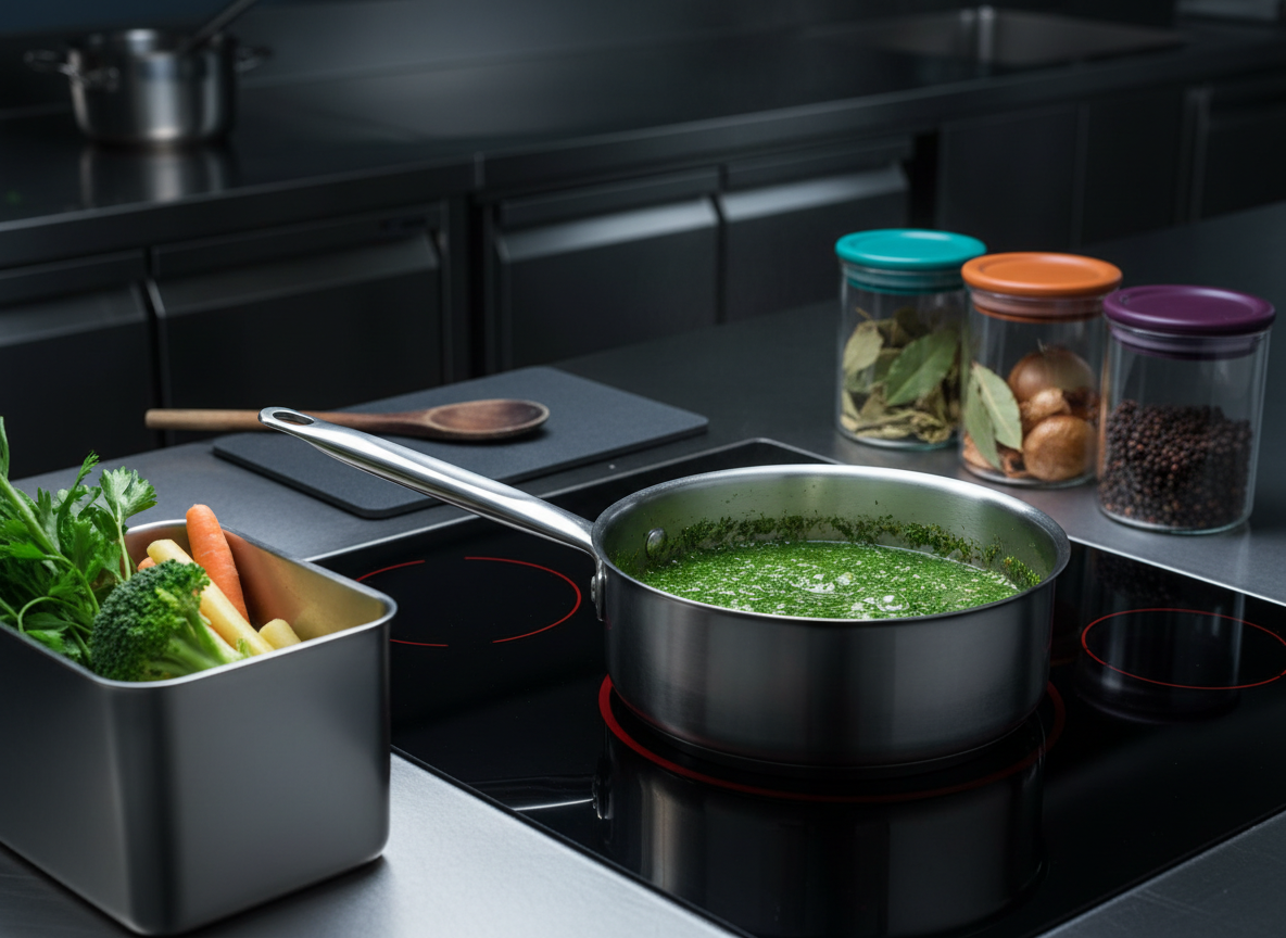 A close-up of a professional induction stovetop in a modern, energy-efficient restaurant kitchen, where a heavy-bottomed, brushed stainless-steel saucepan simmers with a vibrant green herb sauce. Around the stove, only essential tools are visible: a well-used wooden spoon, a compost bin containing clean vegetable trimmings, and neatly labeled containers of organic stock ingredients without any text, just color-coded lids. Cool, focused task lighting from above reflects softly off the metal surfaces, while the surrounding area remains slightly darker, emphasizing the cooking zone. The mood is concentrated and purposeful, highlighting technical precision and sustainable resource use. Photographic realism, captured at a three-quarter angle with shallow depth of field, keeps the bubbling sauce in sharp focus and the background gently blurred.