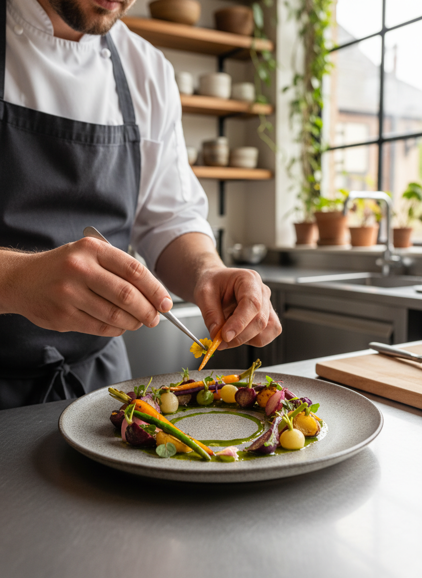 A professional chef's hands carefully plating an artistically composed dish of seasonal regional vegetables on a matte stoneware plate, photographed in a modern sustainable restaurant kitchen. Warm, indirect lighting, shallow depth of field, photographic realism, portrait orientation.